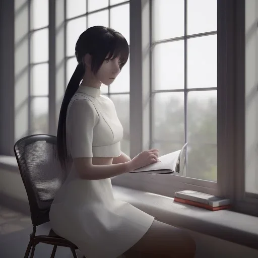 female student studying by the window, anime style, unreal engine 5, sun light, studio lighting --ar 1:1