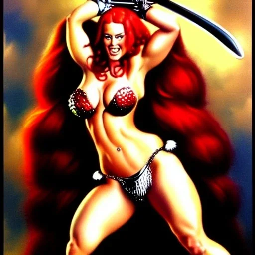 Epic full body portrait of busty atletic young beautiful Red Sonja fighting a Gorilla Boris Vallejo styles