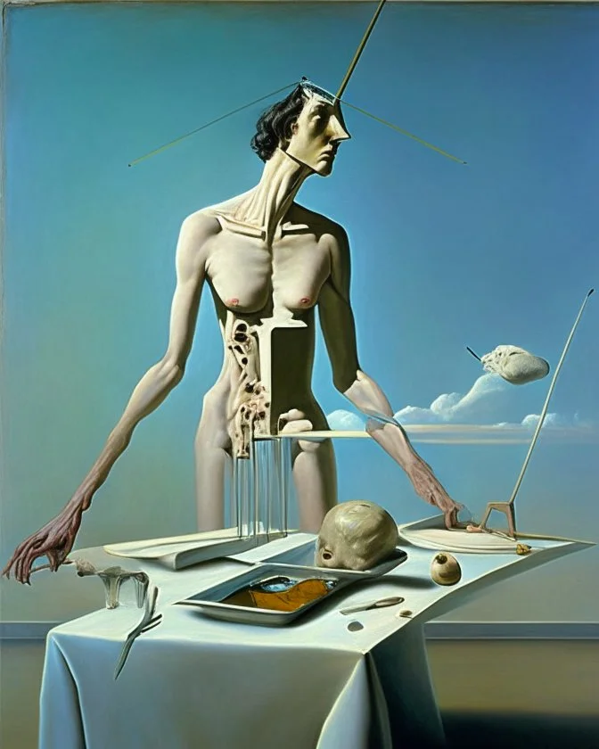 human body, universe-like complex surgical instruments mixed with human body-like table,symbolism,surrealism,minimalism,Painting By Adrian Ghenie, Rene Magritte, Salvador Dali, Lucian Freud