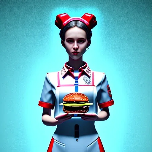 waitress teenager with hamburger chips in tray, rounded face, shirt, vibrant color, cyberpunk style, highly detailed, art stations, concept art, smooth, unreal engine 5, god rays, ray tracing, RTX, lumen lighting, ultra detail, volumetric lighting, 3d, finely drawn, high definition, high resolution, gradient background