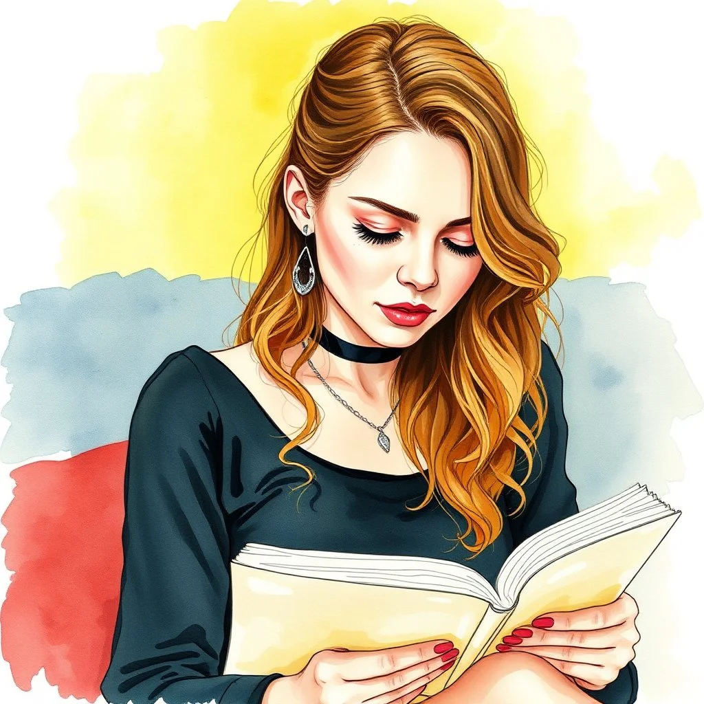 Lily-rose Depp in a waterrcolor style, reading