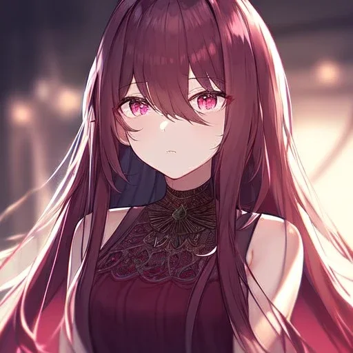 Clear focus,8k,Beatiful Lighting,Beatiful Blur,Beatiful Face,Beatiful Shading,Crimson long hair,silky hair, long silky bangs, pink eyes, wearing a detailed outfit outfit,must wear a short black skirt, Hair in eyes, lot of hair,One arm is sleeveless,Extreme Close Up