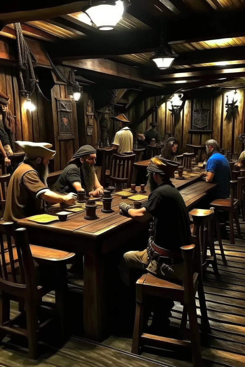pirate tavern, pirates of the Caribbean style, tables with drunk people sitting
