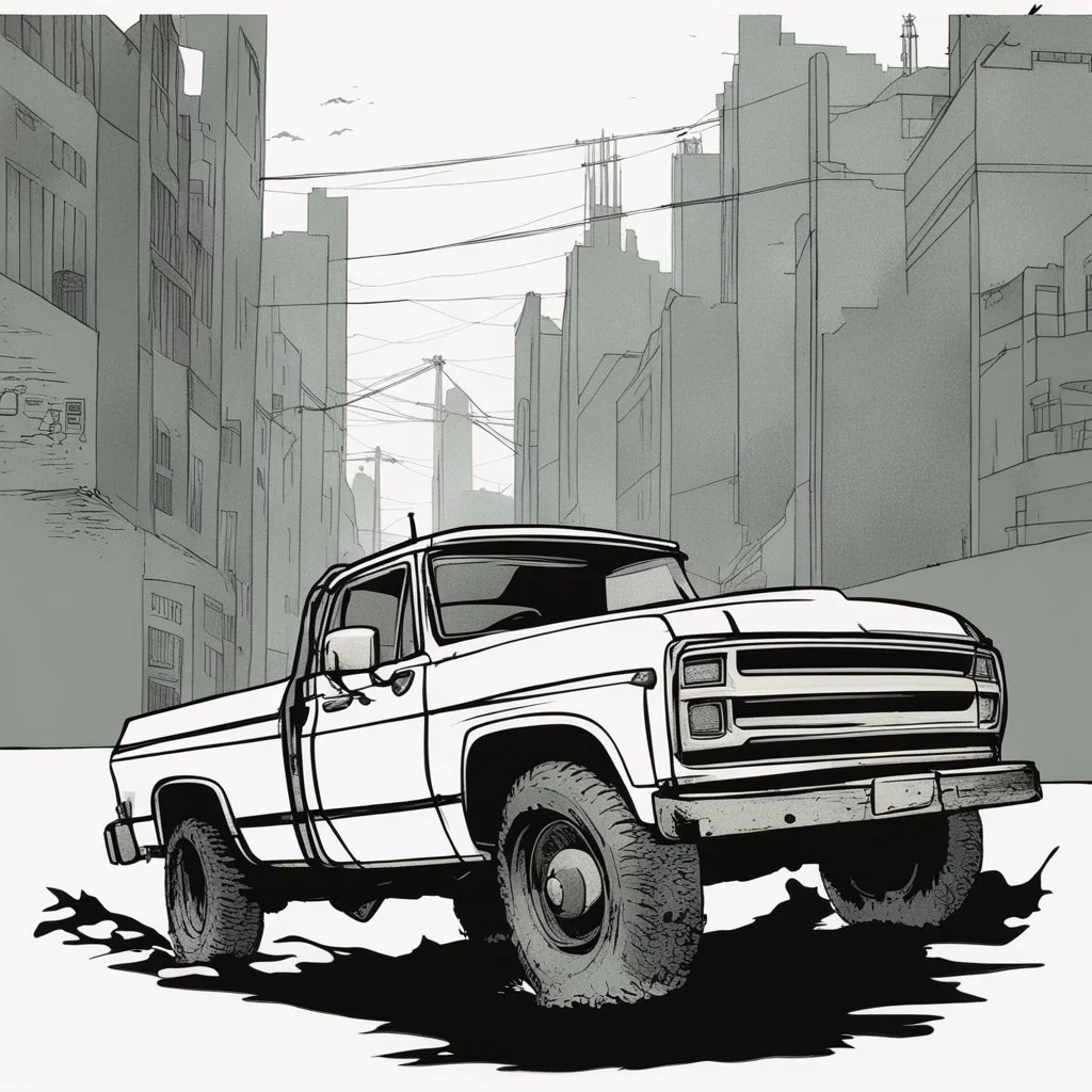 pickup truck , silhouette, comic book, post-apocalypse, white background,