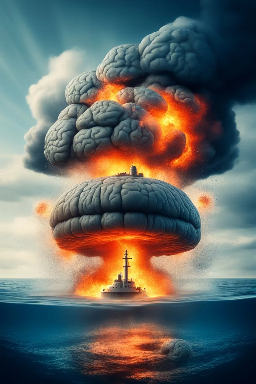 an explosions in side the human brain and huge fire behind a nuclear submarine under the water ocean water in all the picture and the on the background