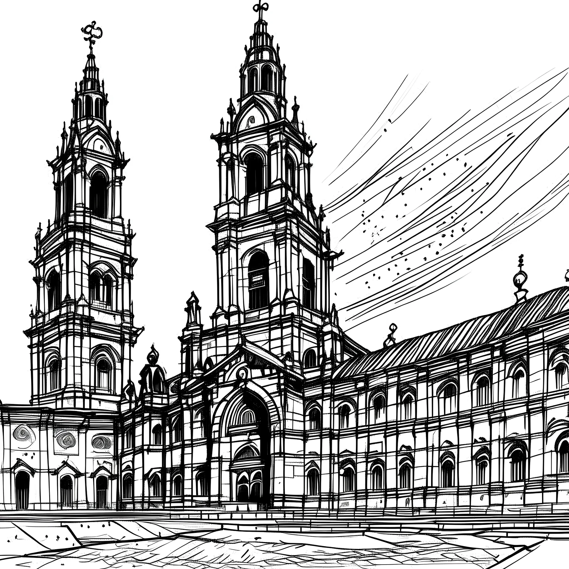 Black and white few strokes sketched santiago de compostela cathedral front