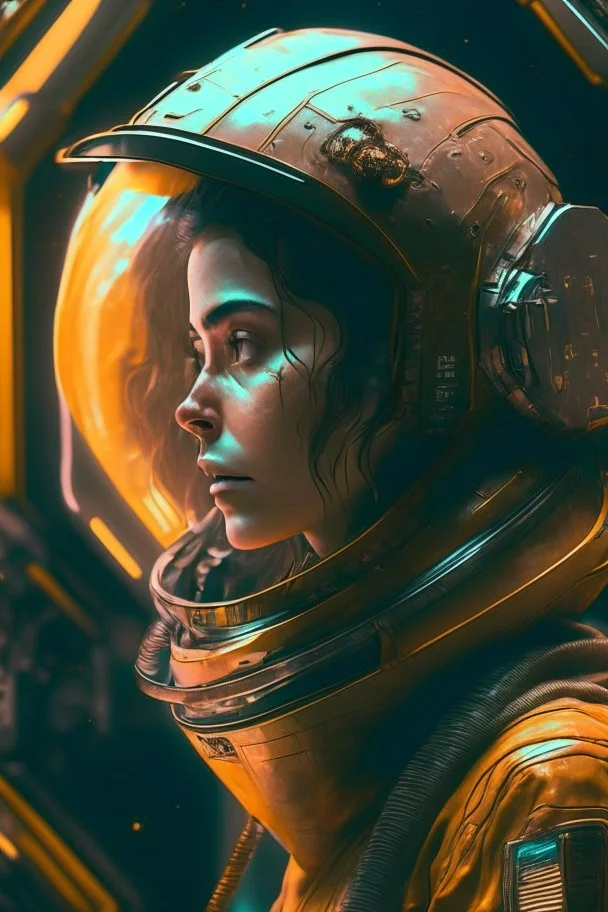 0The player is wearing an astronaut helmet, in the style of cyberpunk dystopia, 32k uhd, womancore, bronze and amber, dreamlike settings, gorecore, ivan albright –ar 107:53 –