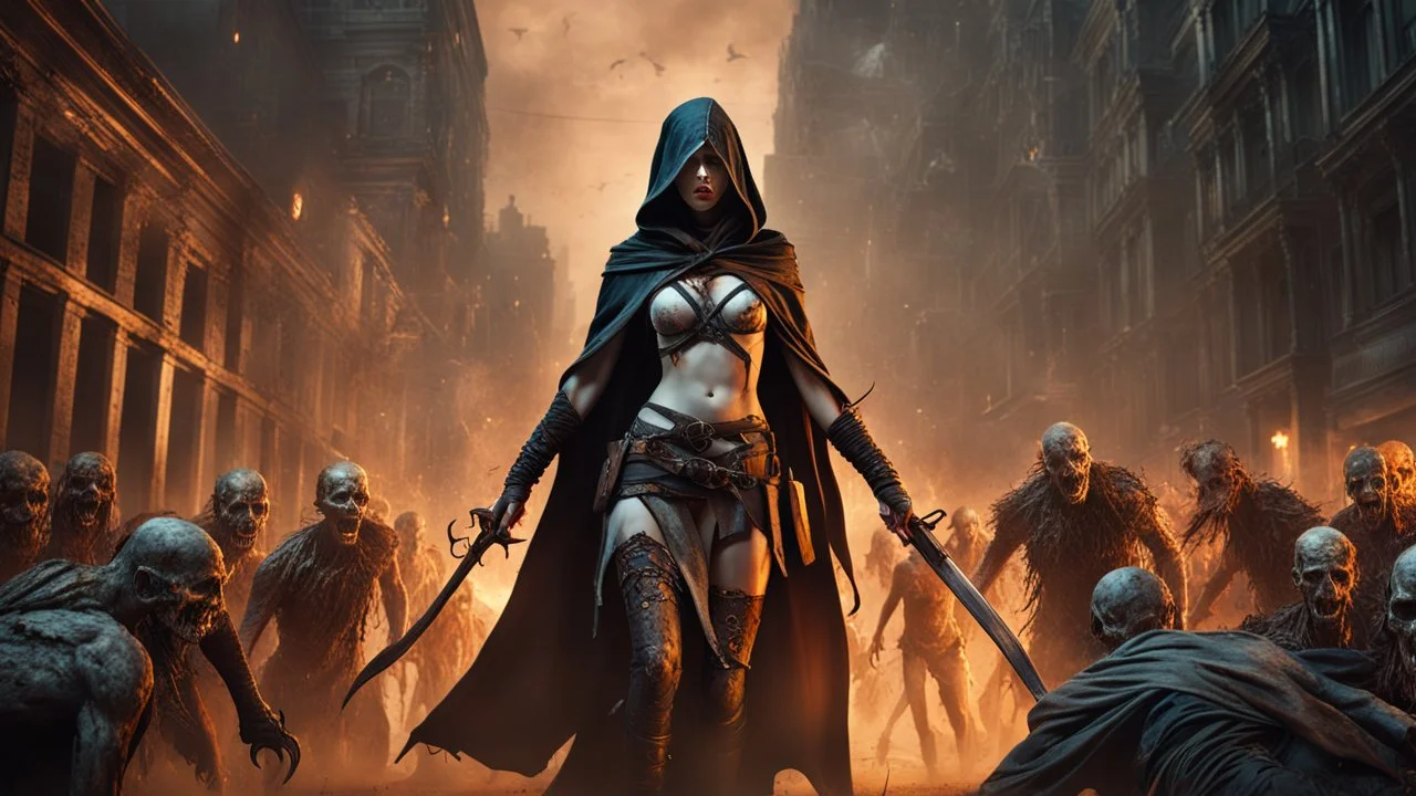 a horrifying female sorcerer leading an army of rotting zombies through burning city. fantasy setting. armor melted into the skin. blood. intense horror. blind terror. scared to death. a masterpiece, fantasy concept art, dynamic lighting, hyperdetailed, intricately detailed, deep color, Unreal Engine, volumetric lighting, Epic cinematic brilliant stunning intricate meticulously detailed dramatic atmospheric maximalist digital matte painting