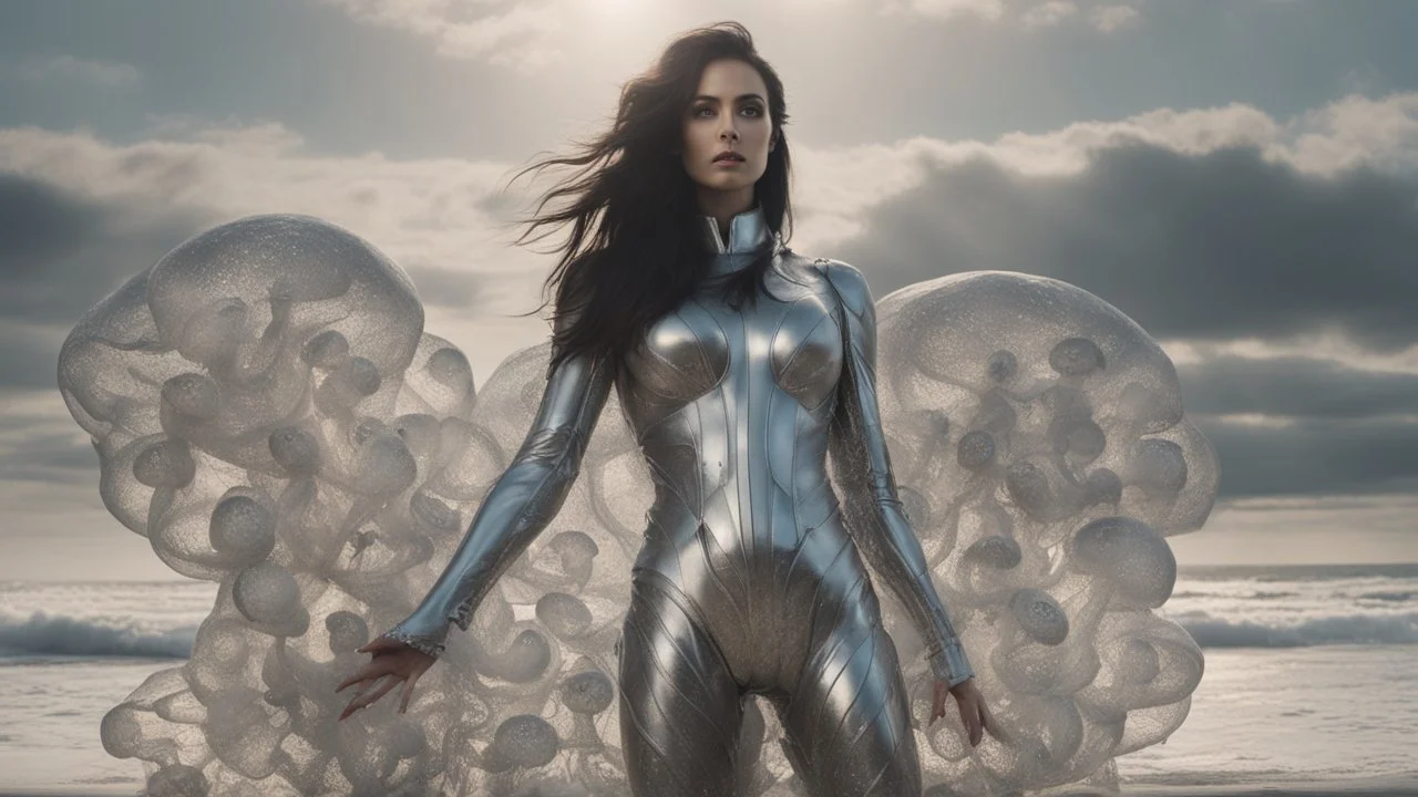 Wide-angle shot of a woman, standing to one side on a beach with huge waves, with dark hair in a silver robotic catsuit, many large jellyfish shaped like mushrooms with tentacles floating in the air, masterpiece, best quality, super detailed