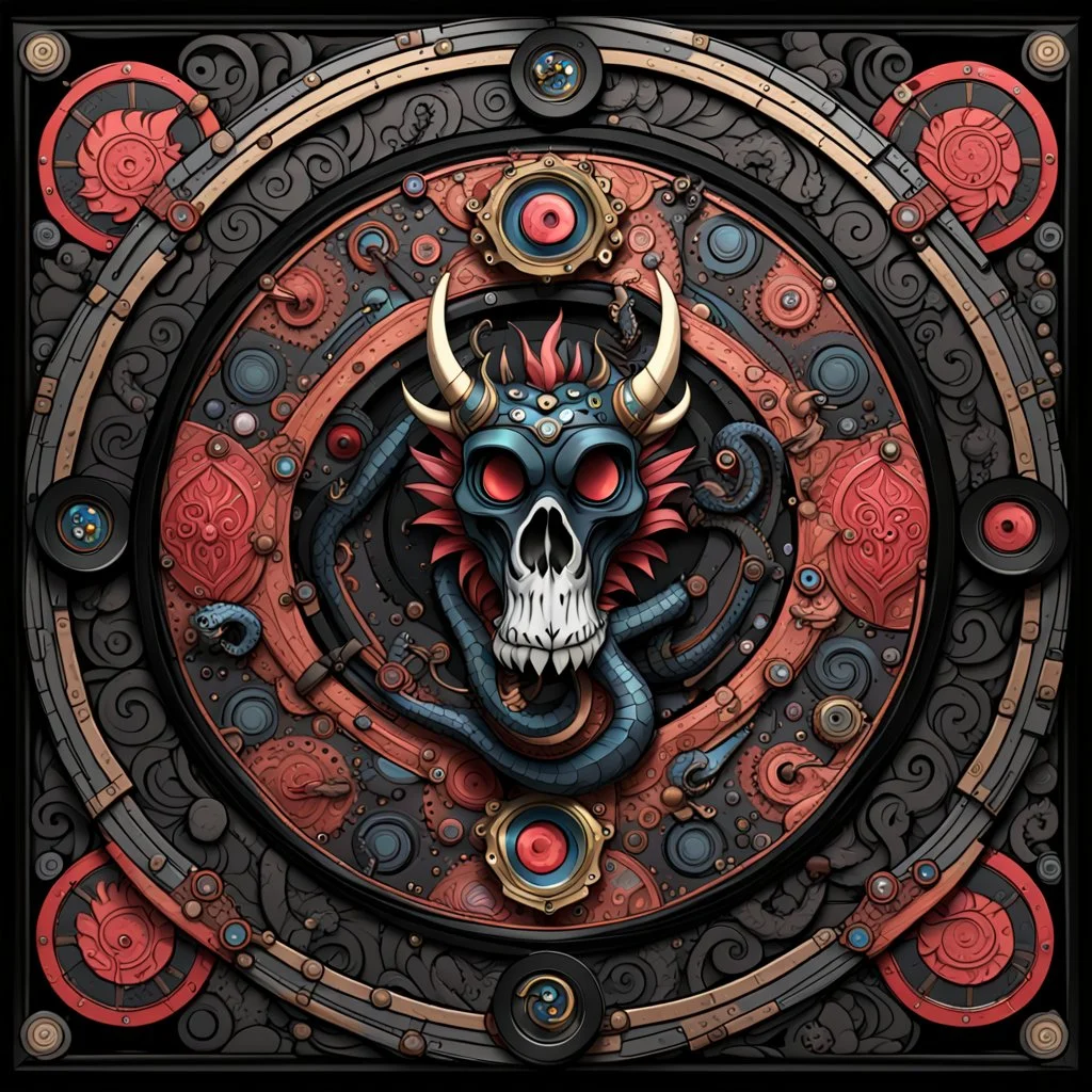 Pixar Disney Style Dragons, Fire and Smog, Skull, Gothic, Steampunk, Universum, Dartboard, Background black, Black border around the image.