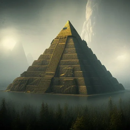 a old huge pyramid in the mountains with a tiny city around it, tilt shift, scary, steam punk, realistic, made in octane, cinematic, ultra-realistic, extremely detailed octane rendering, 8K, VRAY Super Real ar 2:3, dof photorealistic futuristic 50mm lens hard lighting dark gray tintype photograph, realistic lighting, sepia color