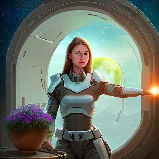 centered portrait of cute female soldier sitting on throne, wearing no helmet, by a starship window with hanging pot plants and a view to the milky way, hi detail, book cover illustration