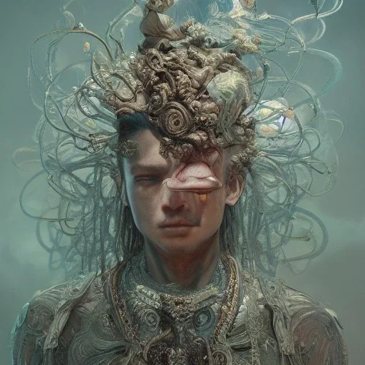 Insanely detailed photograph of an “portrait of a midevil cowboy god ” with intricate hair, intricate embroidered dress, beautiful clear face and hyperdetailed painting by Ismail Inceoglu Huang Guangjian and Dan Witz CGSociety ZBrush Central fantasy art album cover art,8K, hdr, romantic, mysterious, ominous, beautiful flowers, jewelry, comfort, natural eyes,naked,tasteful