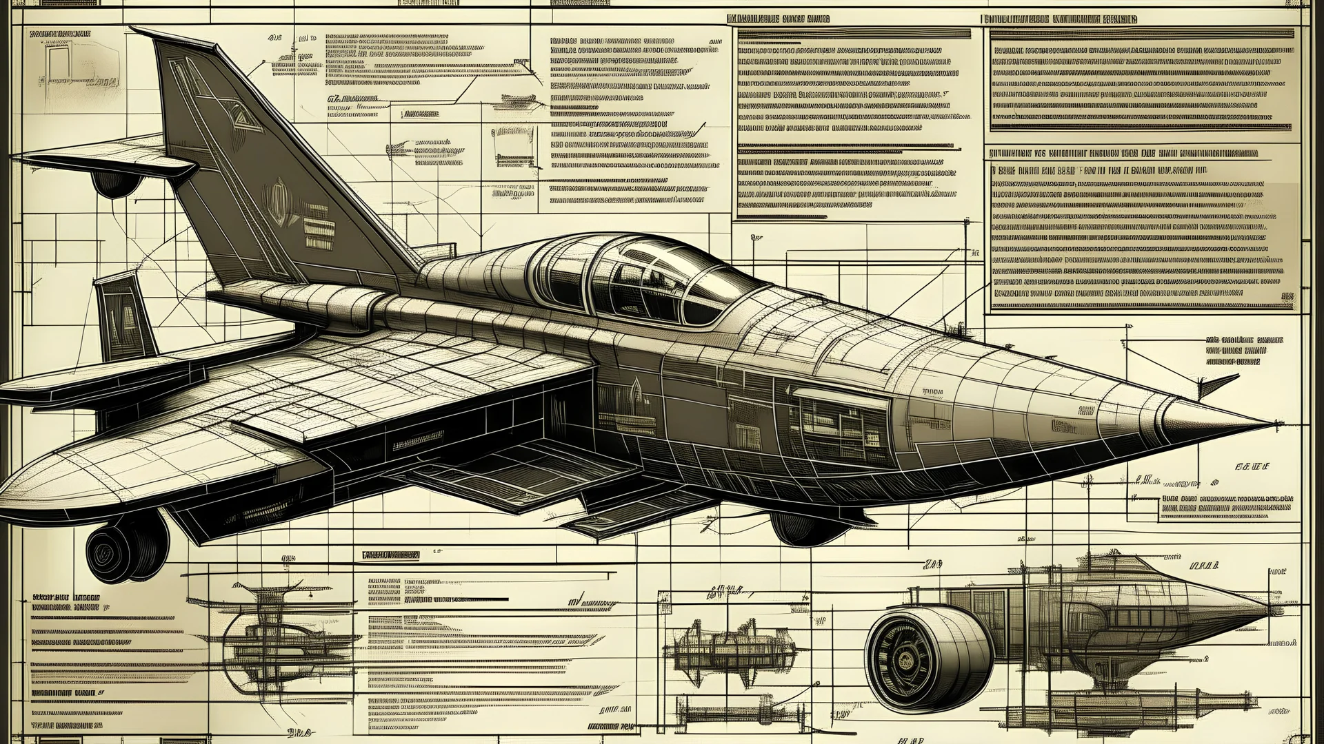 A dashboard with a schematic drawing of a futuristic military jet, marginalia, technical drawing with exploded view, with a sign that says 'top secret'