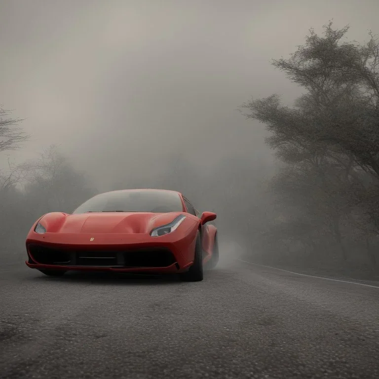 red Ferrari 488 in dense fog