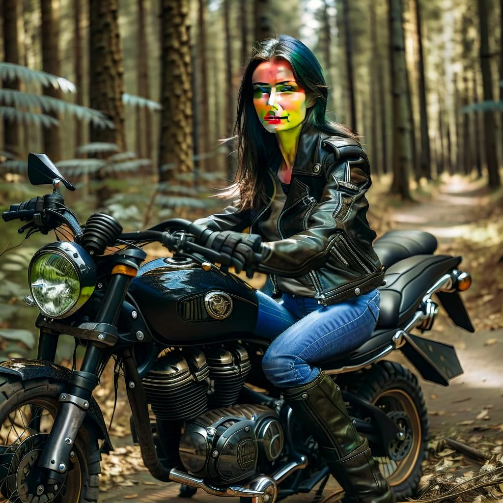 Very attractive woman sitting on a motorcycle. The bike is Yamaha. In the background is a forest.