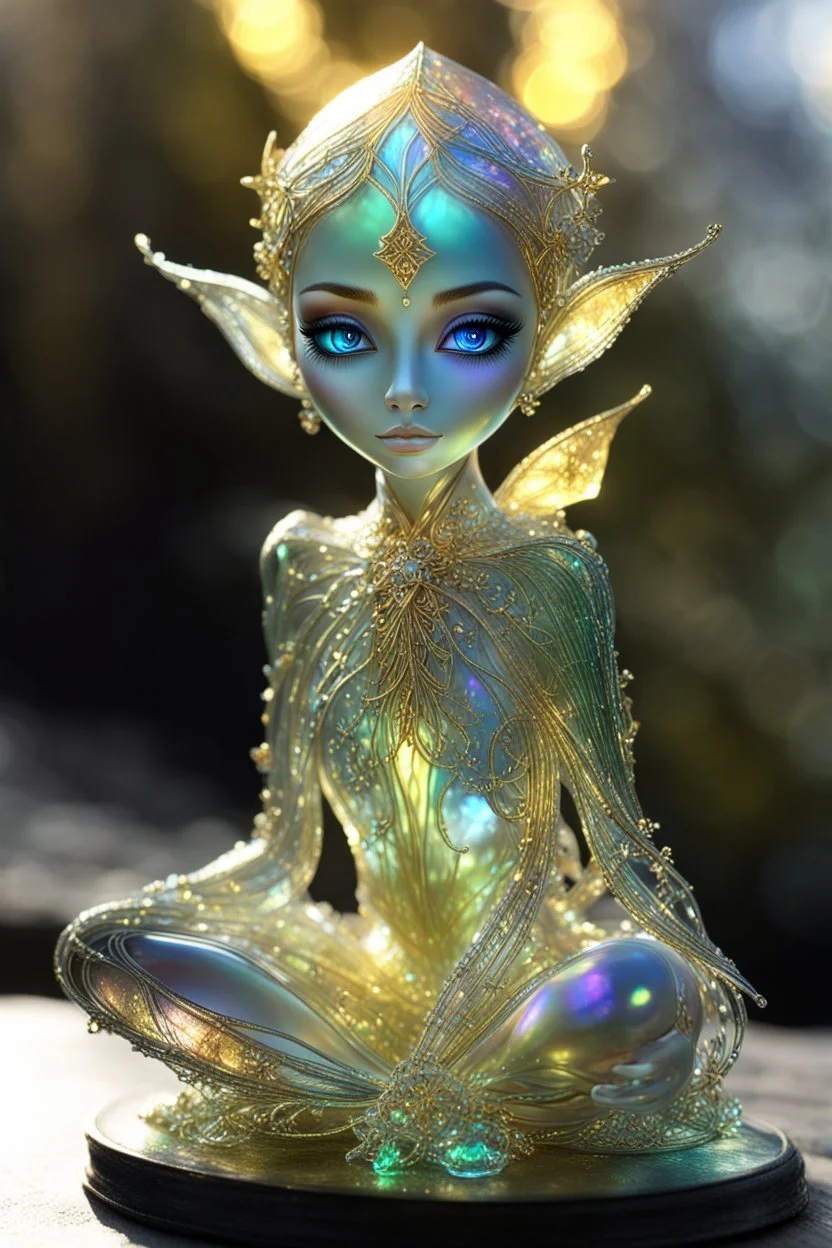 extremely delicate iridescent Elfin made of glass, sitting, video game style, translucent, tiny golden accents, beautifully and intricately detailed, ethereal glow, whimsical, art by Mschiffer, best quality, glass art, magical holographic glow\\n, Broken Glass effect, no background, stunning