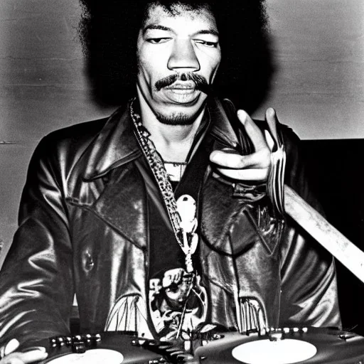 portrait of Jimi Hendrix at a turntable with headphones on being a DJ, cigarette in mouth