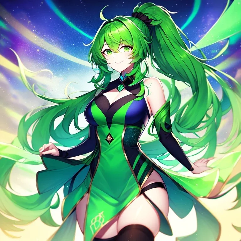 girl, masterpiece, best quality, volumetric lighting, detailed outfit, perfect eyes, long hair, green hair, green eyes, beautiful lighting, vibrant colors, smiling, thigh highs, ponytail, messy hair,