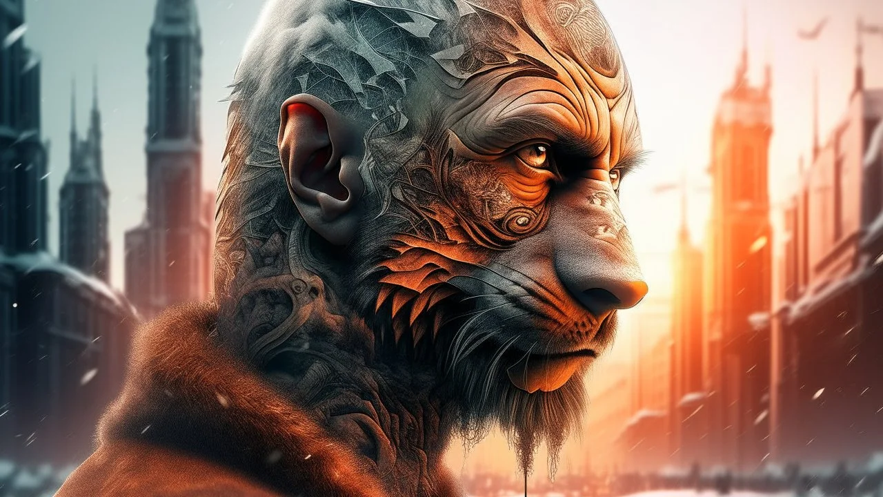 Double exposure, Wolfman, photorealism, man, city, sunset, snow, rain, fantasy, mystical, tattoo, vertical pupils, high detail, high resolution, 8K