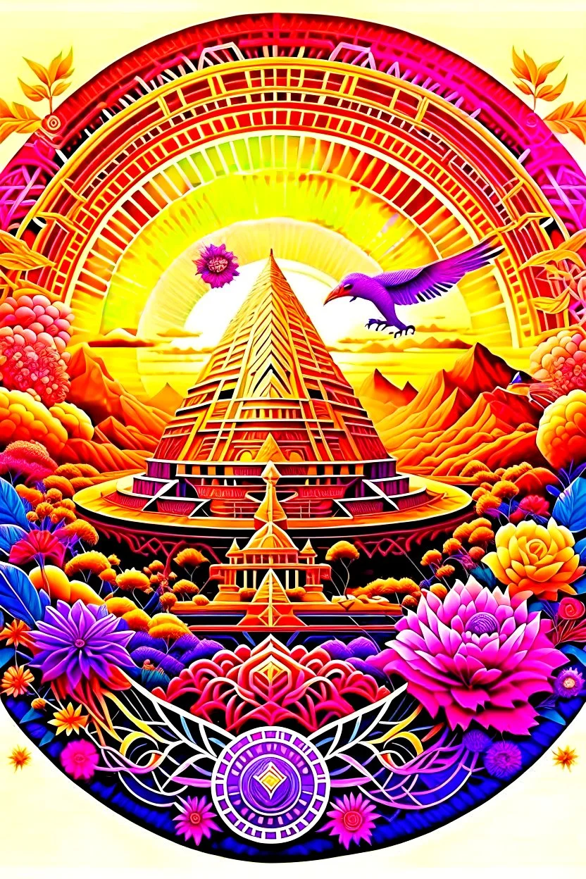 Album cover. Decorated Phoenix pyramid. And decorated rose trees. An ornate planet and a developed city