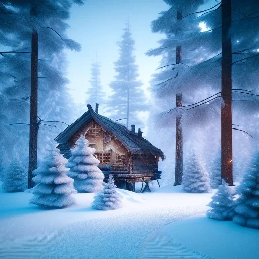 Forest ice winter, bridge birds,live house, bear, deer, unreal engine 5, octane render