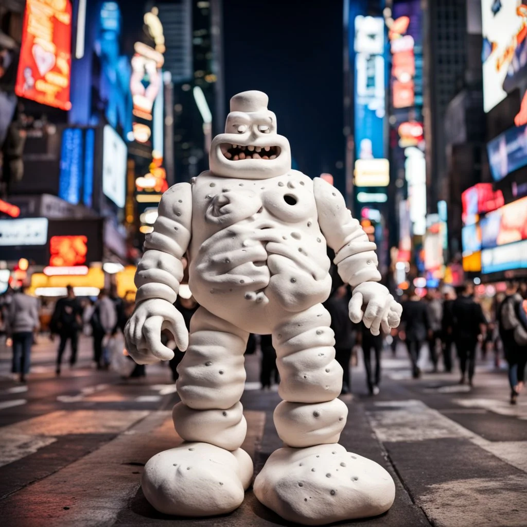 "CLAYMATION”, colossal off-white mottled crepey clay evil Lovecraftian marshmallow man walking in Times Square at night, kinetic, clay figures, clay scenery, sinister whimsey, oddball masterpiece, claymation