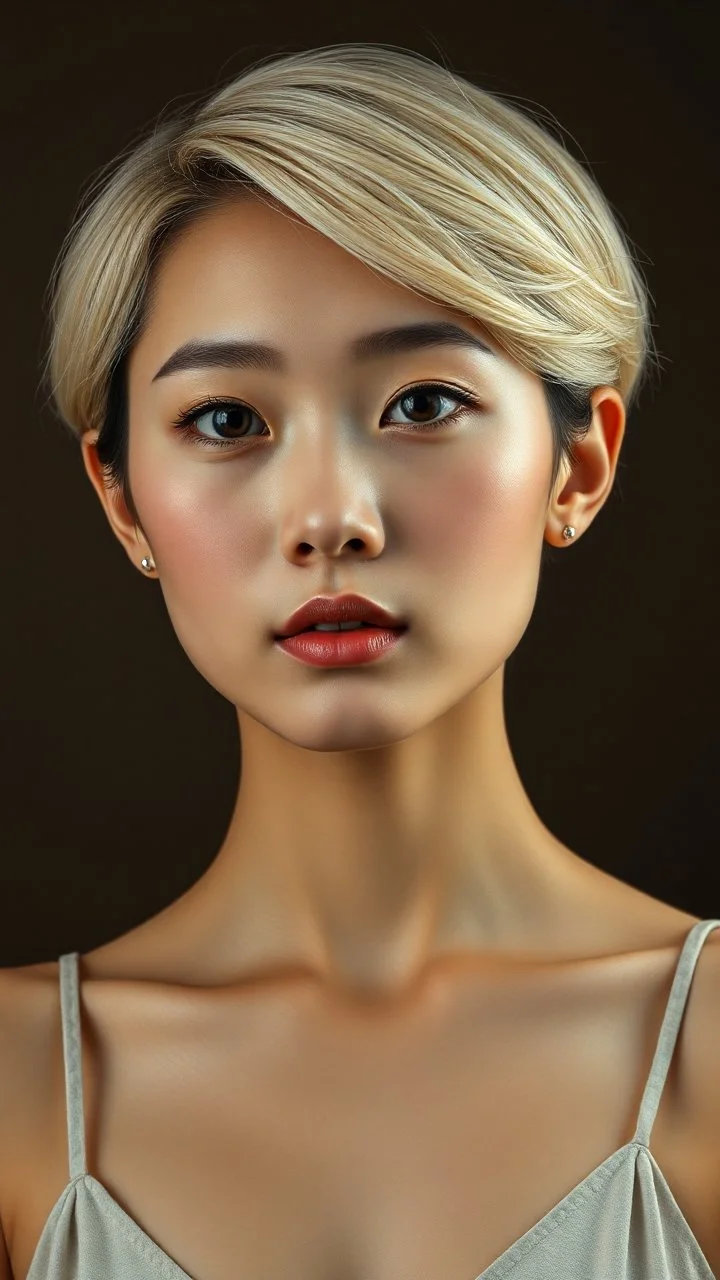 grant wood painting style , a portrait of a beautiful asian woman with very short blond hair , front view with dark brown side lighting background, ultra high quality with ceramic lighting