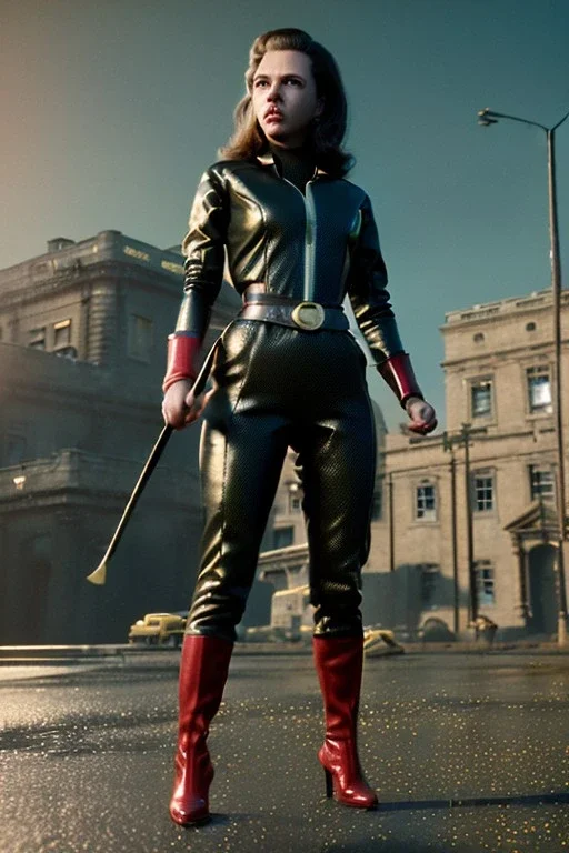 retro portrait image from 1960, city background, wind, long hair, fighting stance, young Scarlett Johansson, classic black tight lycra suit, metal stick weapon, gold bracelet and belt, high heel boots, soft color, highly detailed, unreal engine 5, ray tracing, RTX, lumen lighting, ultra detail, volumetric lighting, 3d, finely drawn, high definition, high resolution.