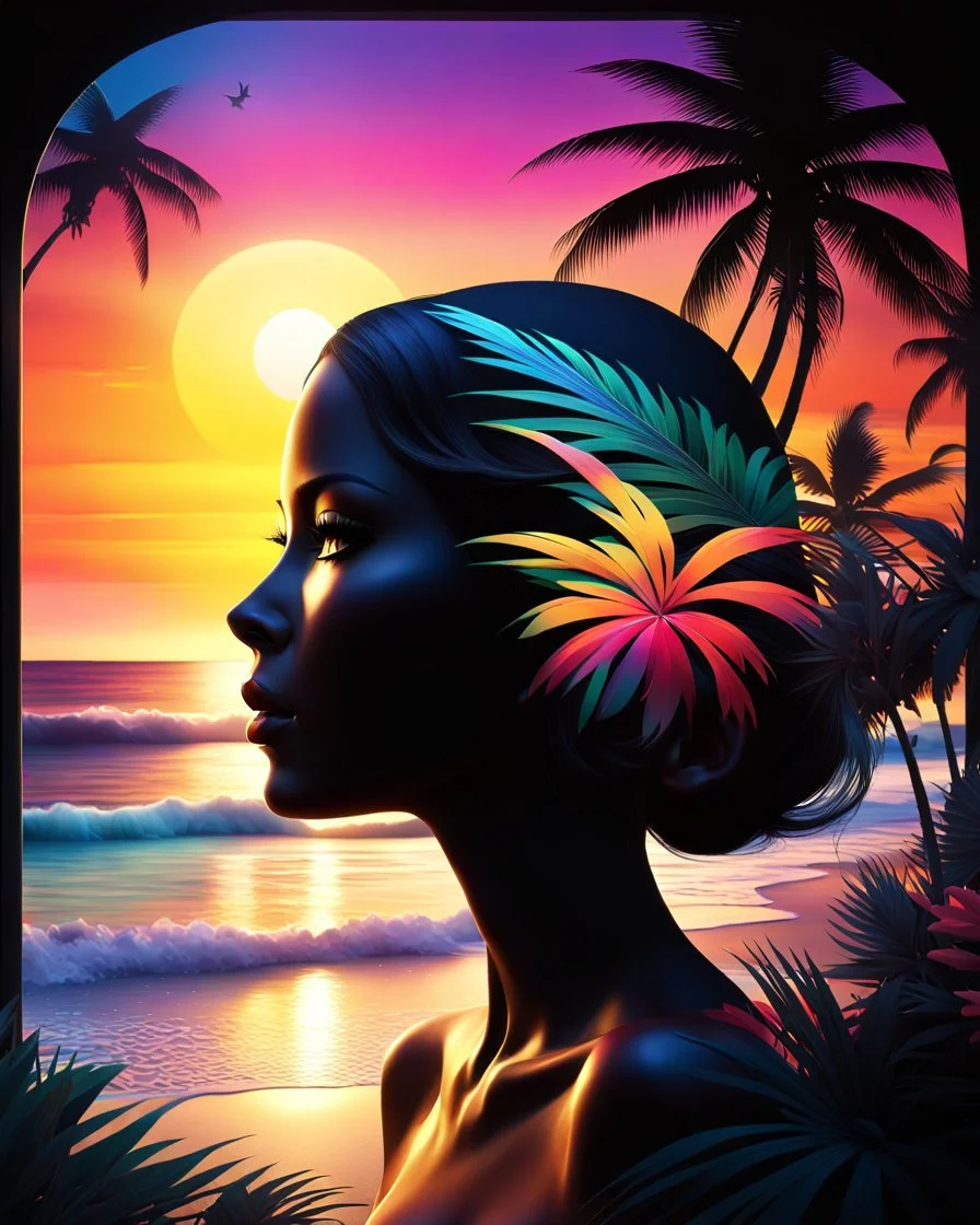 Stunning conceptual beach scene illustration in the silhouette of a woman's face. Beach with vibrant colors, sunset sky and coast with palm trees. Cinematic black background, looks like a window to a tropical paradise.12k 3D HD hyper-realistic Image quality CodeFormer AI 12K, cute flower fairy with bright wings like morning dew, flutters from flower to flower. Hair in curls, adorned with petals and pollen, mysterious phoenix woman, her silhouette made with interconnected and integrated elements