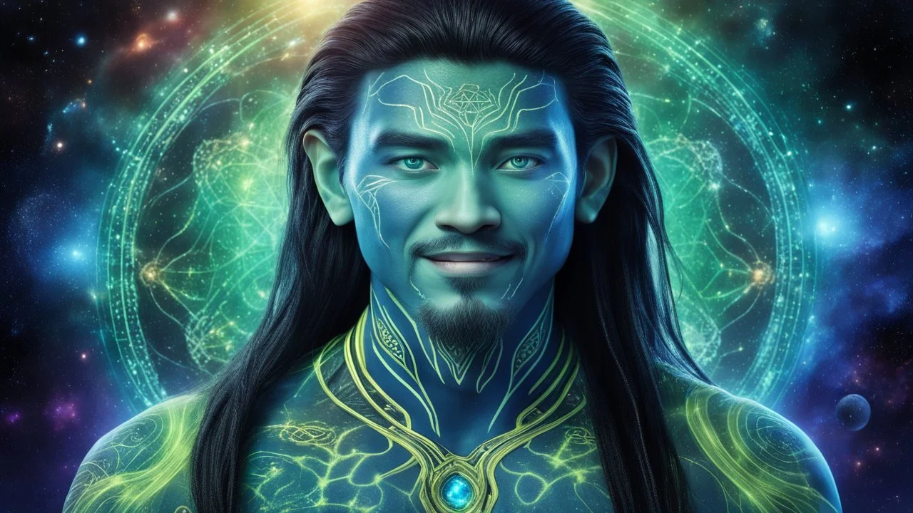 beautiful gorgeous young man na'vi with long hair, Avatar, blue skin, two small ears, green eyes, black hair, in cosmic suit, galactic ambiance, medium pointy goatee , smiling, nebulas and sacred geometry light figures on the backgroud,