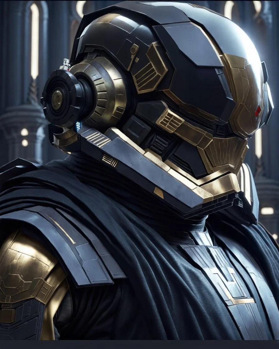 star wars bald male corellian pilot wearing pearlescent black and gunmetal grey First Order special forces heavy assault stealth commando armor with helmet with gold and metallic red trim inside the jedi temple, hyperdetailed, dynamic lighting, hyperdetailed background, 8k resolution, volumetric lighting, light skin, fully symmetric details