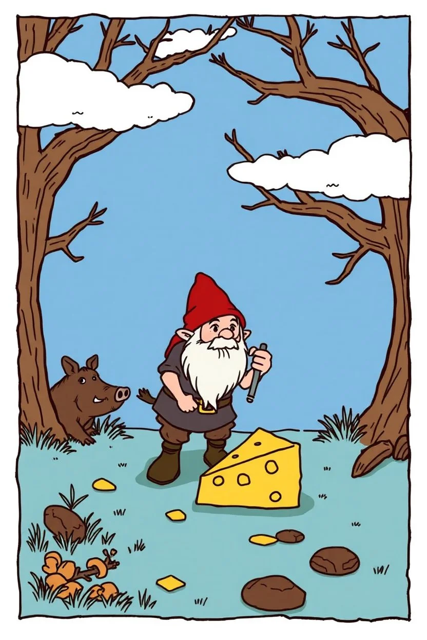 , With the wild boar snorting, our brave dwarf stumbled. On day two, he regrouped, plotting a clever scheme, With a giant cheese wedge, he lured it like a dream.