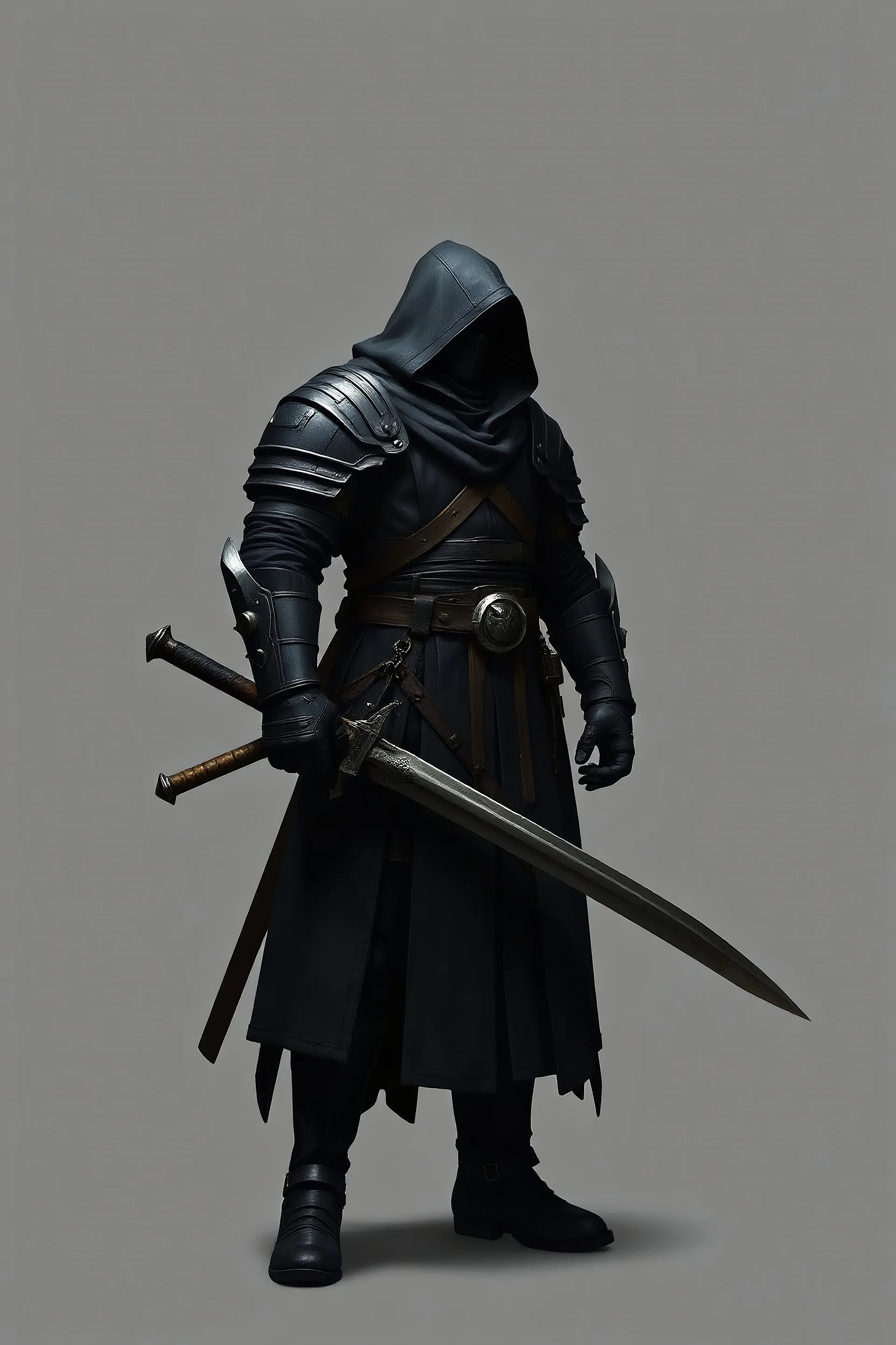 A faceless armored bulky commander with a black hood and a long coat with long combat boots and a big sword with grey to black background facing forward and a little to the right