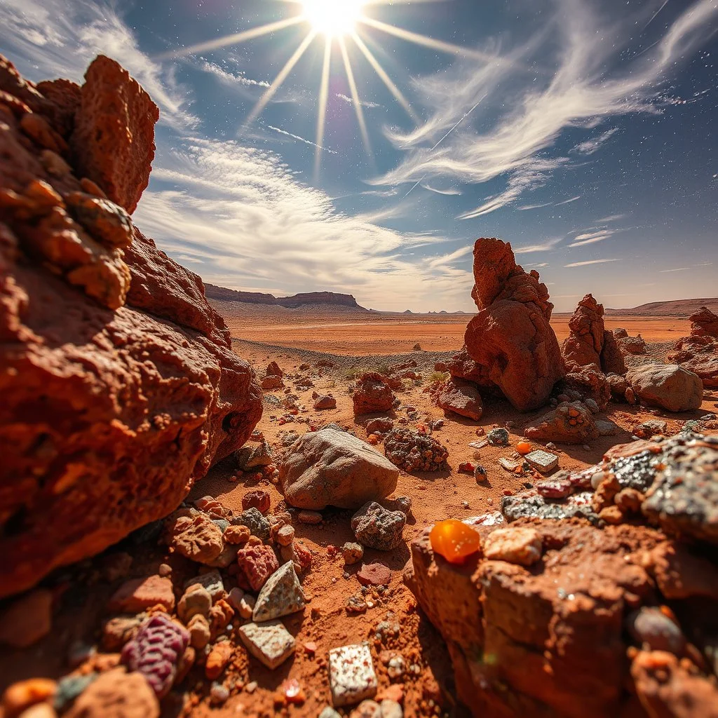 Close-up fantastic mineral constructions and multicolored concretions under a sparkling sky in a desert panorama, reminiscent of the fiery expanses of Mars