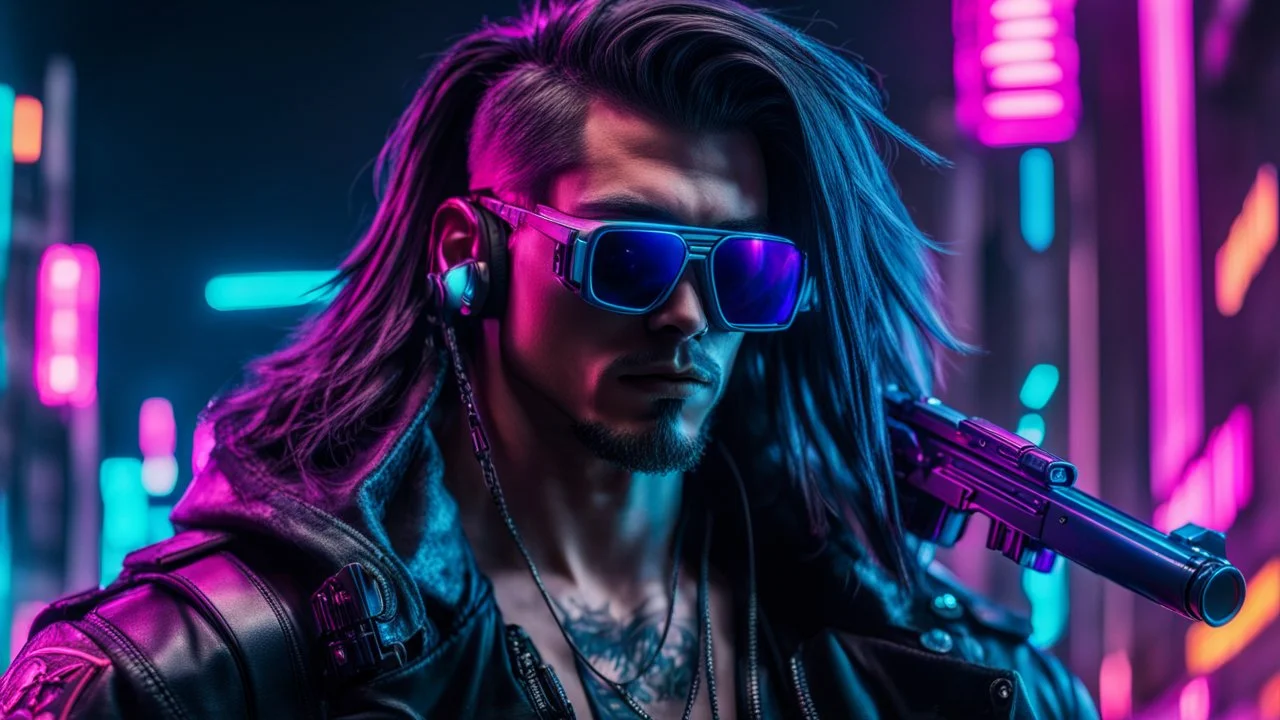 male cyberpunk solo with long hair, korean, Wearing Urban Gang Flash and mirrored dark sunglasses, and shot gun, headaphone, strong cyber warrior, black tatoo, attrakvtive man, Retroanime, rembradt lighting, neon complementary colors, dark vibe, scifi
