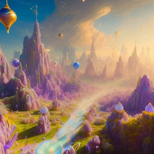 blue gold and violet landscape with multicolored crystals falling from the sky, full of details, smooth, bright sunshine，soft light atmosphere, light effect，vaporwave colorful, concept art, smooth, extremely sharp detail, finely tuned detail, ultra high definition, 8 k, unreal engine 5, ultra sharp focus