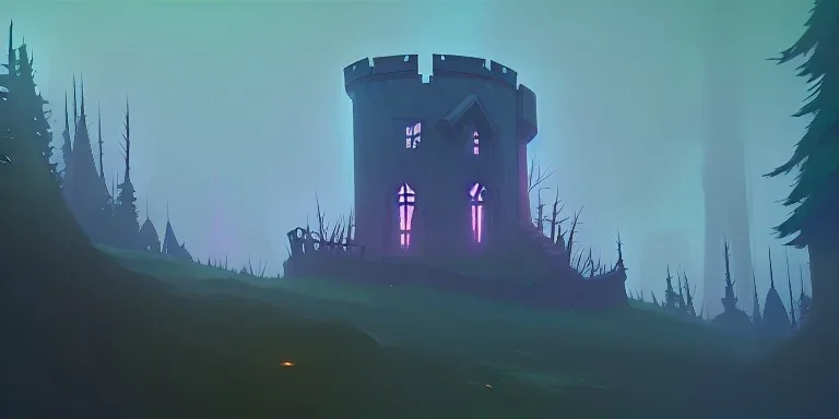 Ruined abandoned overgrown small castle tower in a dense coniferous forest, night, misty, atmospheric, fireflies