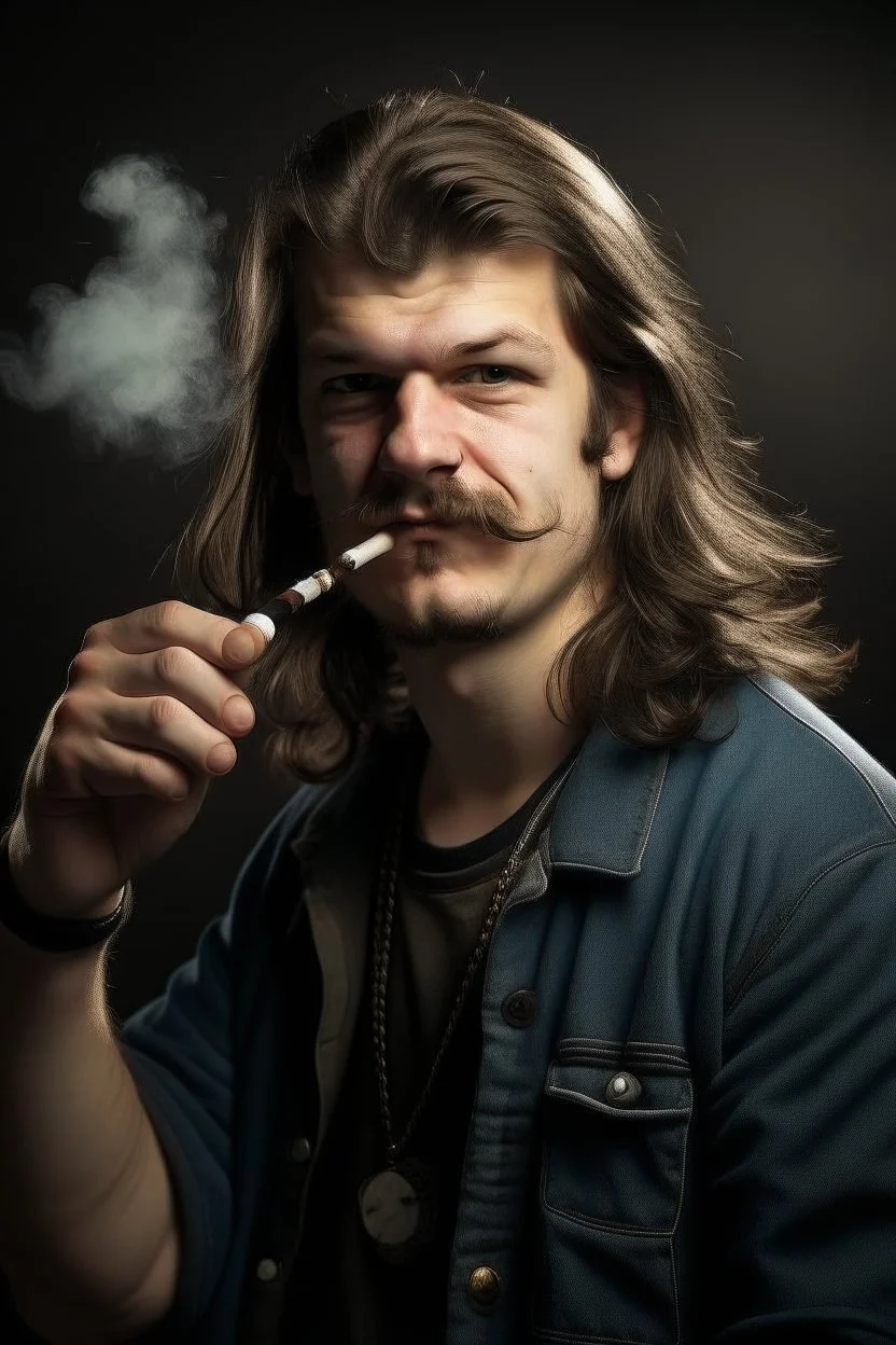 tough looking guy with a mullet smoking a cigarette and pointing his hand like a gun at the camera like hes about to shoot