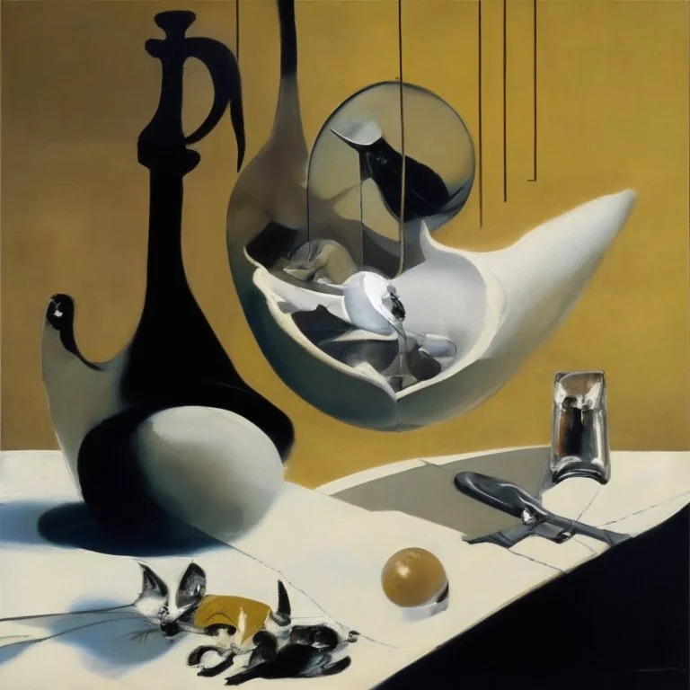 Abstract painting formed by a mix of human flesh-like surgical instruments and universe-like neuralink, a cat looking at a pigeon inside a huge bulb between light and shadow at dusk,surrealism,minimalism,Painting By Adrian Ghenie, Rene Magritte, Salvador Dali, Lucian Freud