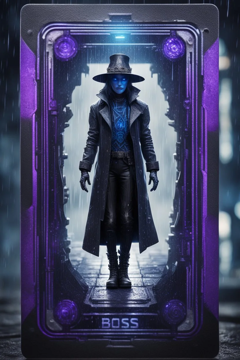 sacred geometry framed playing card, black, blue and purple noen cyber punk dancer thief in soaked rain coat and cowboy witch hat shadows boss card in the style of Giger and fallout 4 ,,bokeh like f/0.8, tilt-shift lens 8k, high detail, smooth render, down-light, unreal engine