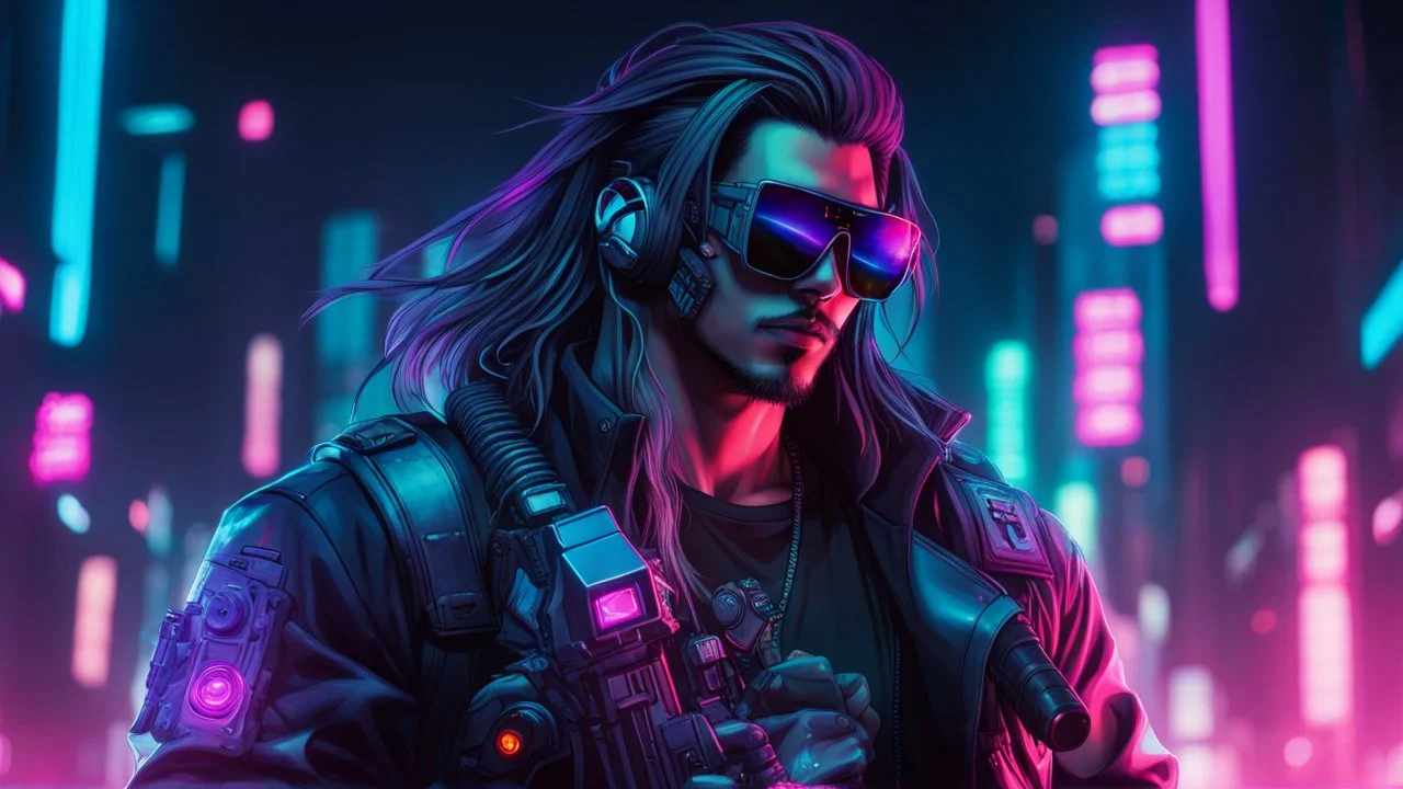 male cyberpunk solo with long hair, korean, Wearing Urban Gang Flash and mirrored dark sunglasses, and shot gun, headaphone, strong cyber warrior, black tatoo, attrakvtive man, Retroanime, rembradt lighting, neon complementary colors, dark vibe, scifi