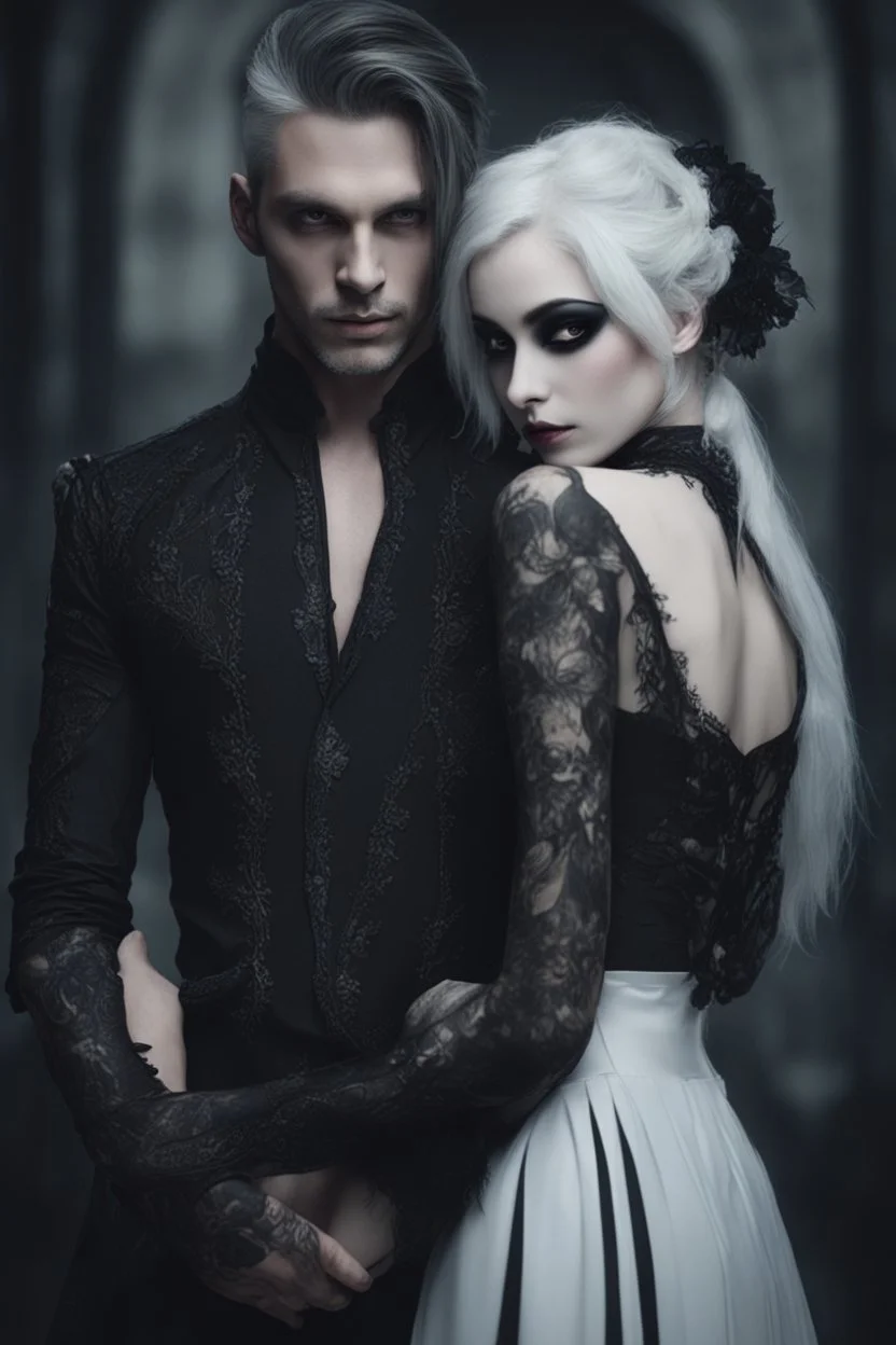 Close up of an Attractive goth man holding his goth girl, he is looking mysteriously at the camera with her back faced to the camera. Dark eyes, White hair, ,super realistic, smoky background