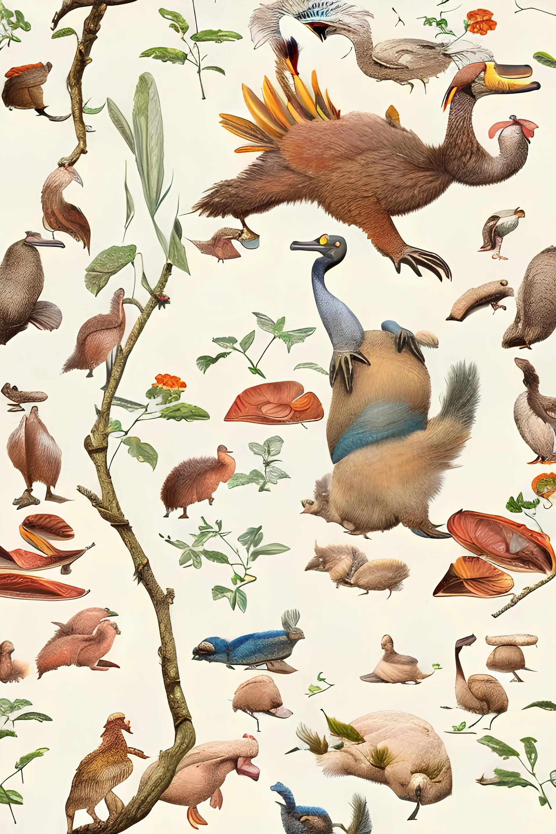 John James Audubon-like illustration of a fully uncropped Dodo bird and a Platypus in a landscape of warm yellows, warm reds, and warm blues