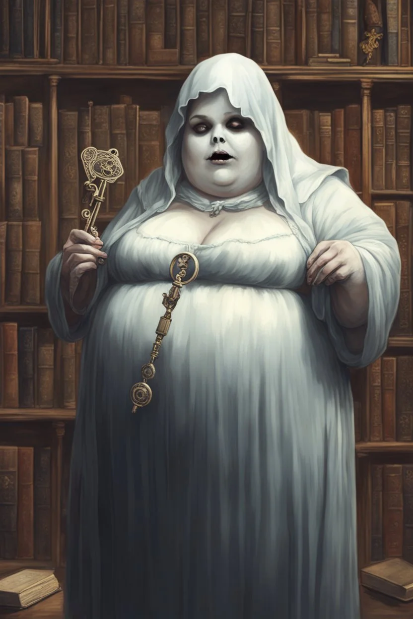 ghost of a scholar fat female with a key in a library