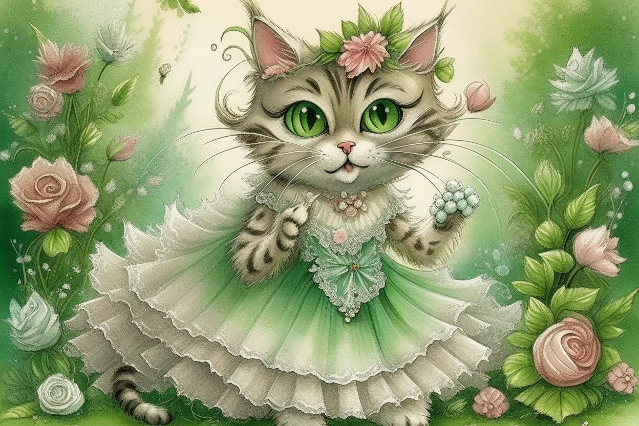 an anthropomorphic, kitten bride happily throwing a bouquet in a beautiful garden. The kitten has fluffy fur in shades of light brown and grey with distinct tabby markings on its face. Its large, expressive eyes are a deep emerald green and it has a small, pink nose. The kitten is wearing embroidered white lace bride dress, tulle, gemstones, pearls, adorning the hem and bodice. Behind her, a celebrating crowd, cats and people dressed in elegant clothes, wedding food and cake on the tables. Behin