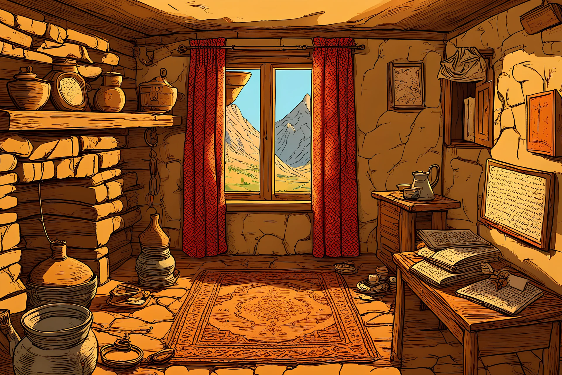 office, Rural stone building, village house, old room, Letters, ledge, Clove necklace, Wood stove, office, stone house, Hand-embroidered curtains, digital painting, Home, Room, Mountain, senators, Kurdish people, village, vector, illustration, Kurdistan, politics, old geometric patterns, Asia, 1900 AD, history, old,COLORS, cartoon