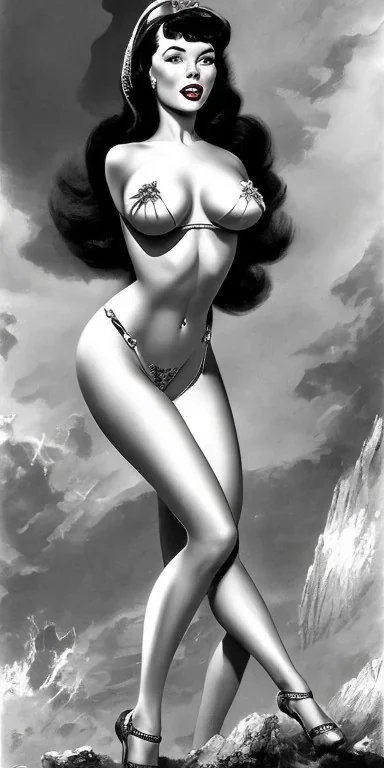 Bettie Page in the style of a sexy Pin-Up girl by Frank Frazetta, full body and face can be seen, detailed face, detailed body