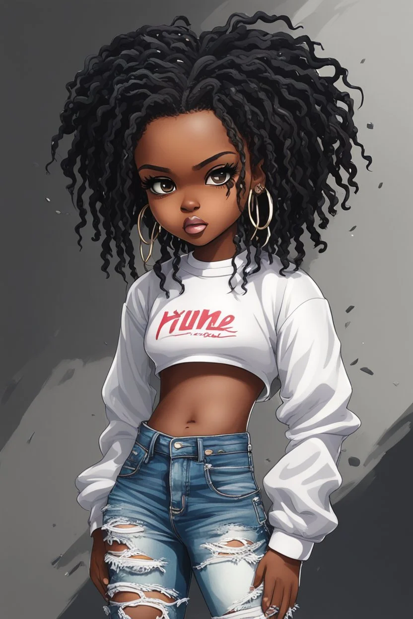 Create an expressionism art of a black curvy chibi female wearing a white long sleeve shirt and heavily ripped jeans with fringes on the side of the jeans with white tennis shoes. Highly detailed thick black sister locs. She is looking behind herself trying to see who called her name. Prominent makeup with lush lashes and silver hoop earrings