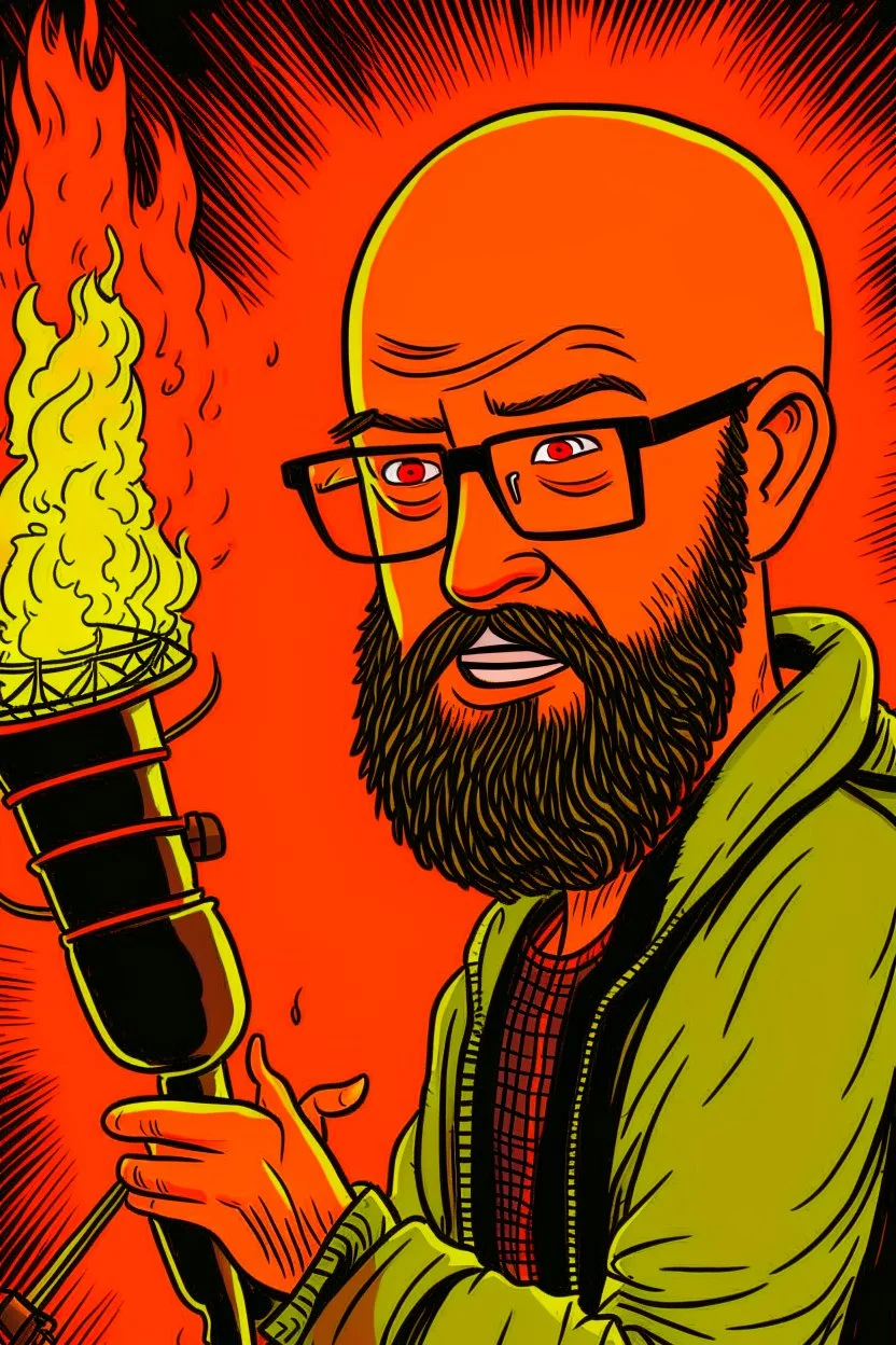 Firestarter animateur radio hardrock with a microphone. He has no hair. He has a beard. Je has glasses. He's about 50 years. Seems angry. Flames all around